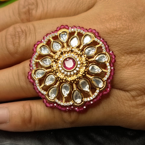 Designer Gold Plated Royal Kundan Ruby Beaded Ring (Design 193)