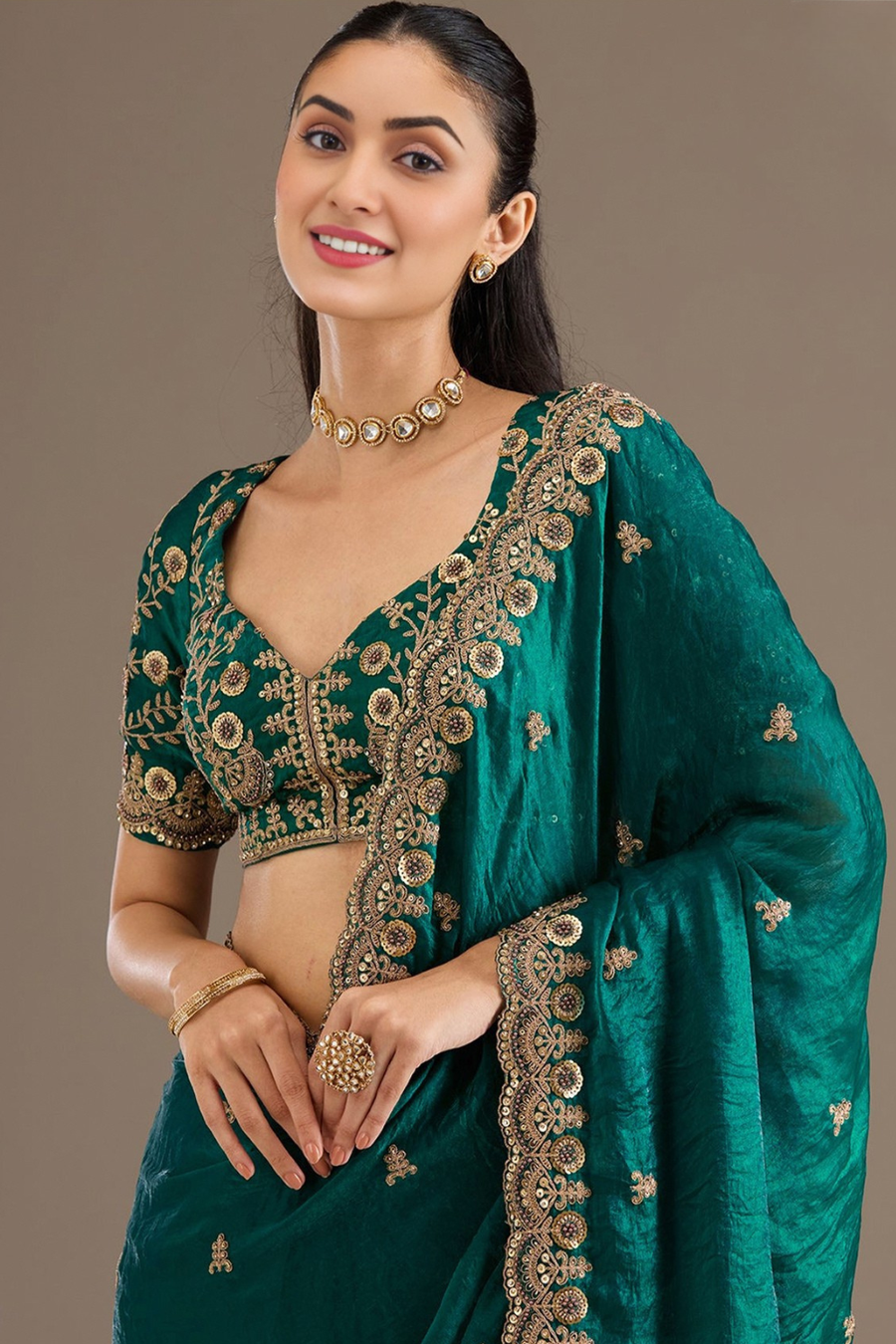 Rama Green Color Zari Work Embroidered Glass Tissue Saree for Party Wear Saree For Party Wear Saree  (D994)