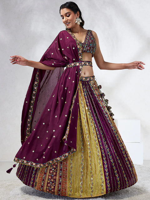 Burgundy & Mustard Yellow Print Chiffon with Sequins Embroidery Lehenga choli (D397)