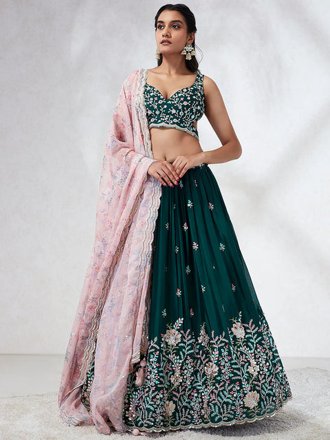 Teal Green Georgette Sequins, Mirror and thread embroidery Lehenga choli  For Party Wear (D395)
