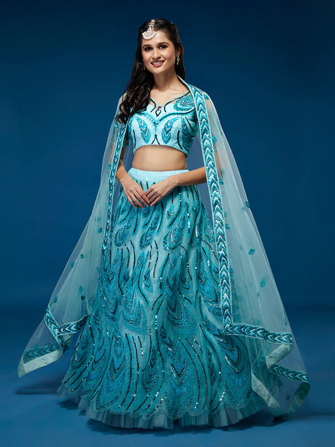 Sea Green Net Embroidered Floral Lehenga For Party Wear (D338)