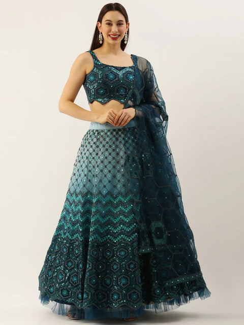 Teal Shaded Embroidered Net Lehenga For Party Wear (D341)