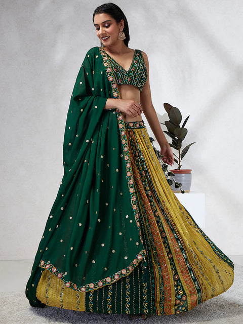 Green & Mustard Yellow Print Chiffon with Sequins Embroidery Lehenga choli (D396)