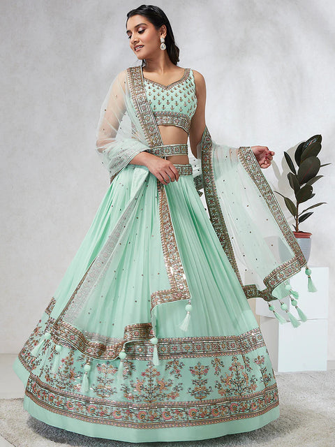 Seagreen Georgette Sequins Thread embroidery Lehenga choli For Party Wear (D391)