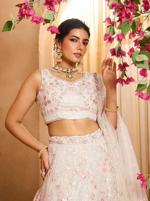 Cream Net Fabric Sequins embroidery Lehenga Blouse With Dupatta (D852)
