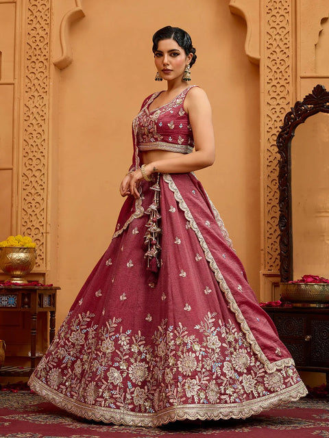 Rose gold Tissue Fabric Sequins Embroidery Lehenga & Blouse With Dupatta (D887)