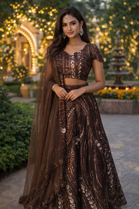 Brown Colour Net & Sequins Cut Dana Embroidery Lehenga For Party Wear (D1010)
