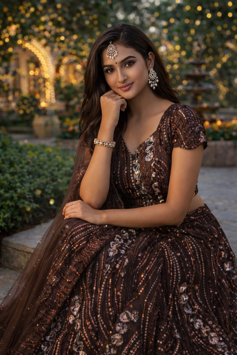 Brown Colour Net & Sequins Cut Dana Embroidery Lehenga For Party Wear (D1010)