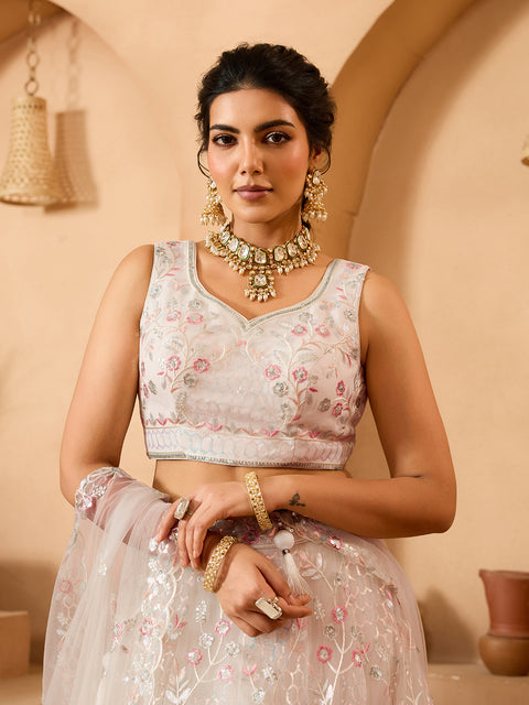 Cream Net Fabric Sequins embroidery Lehenga Blouse With Dupatta (D852)