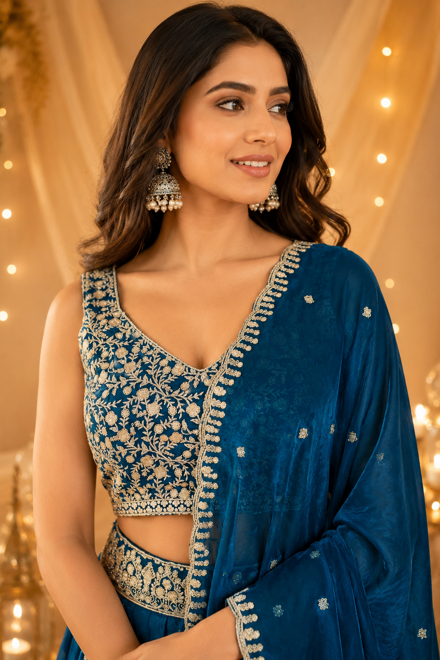 Teal Blue Color Silk Golden Zari And Sequins Work Lehenga Choli With Dupatta (D1030)