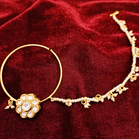 Gold Plated Royal Kundan Studded Nose Ring with Chain - NATH (Design 15)