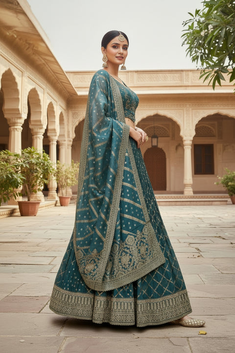 Teal Blue Fabric Tissue Silk Sequins Bead Work Embroidery Lehenga & Blouse With Dupatta (D960)