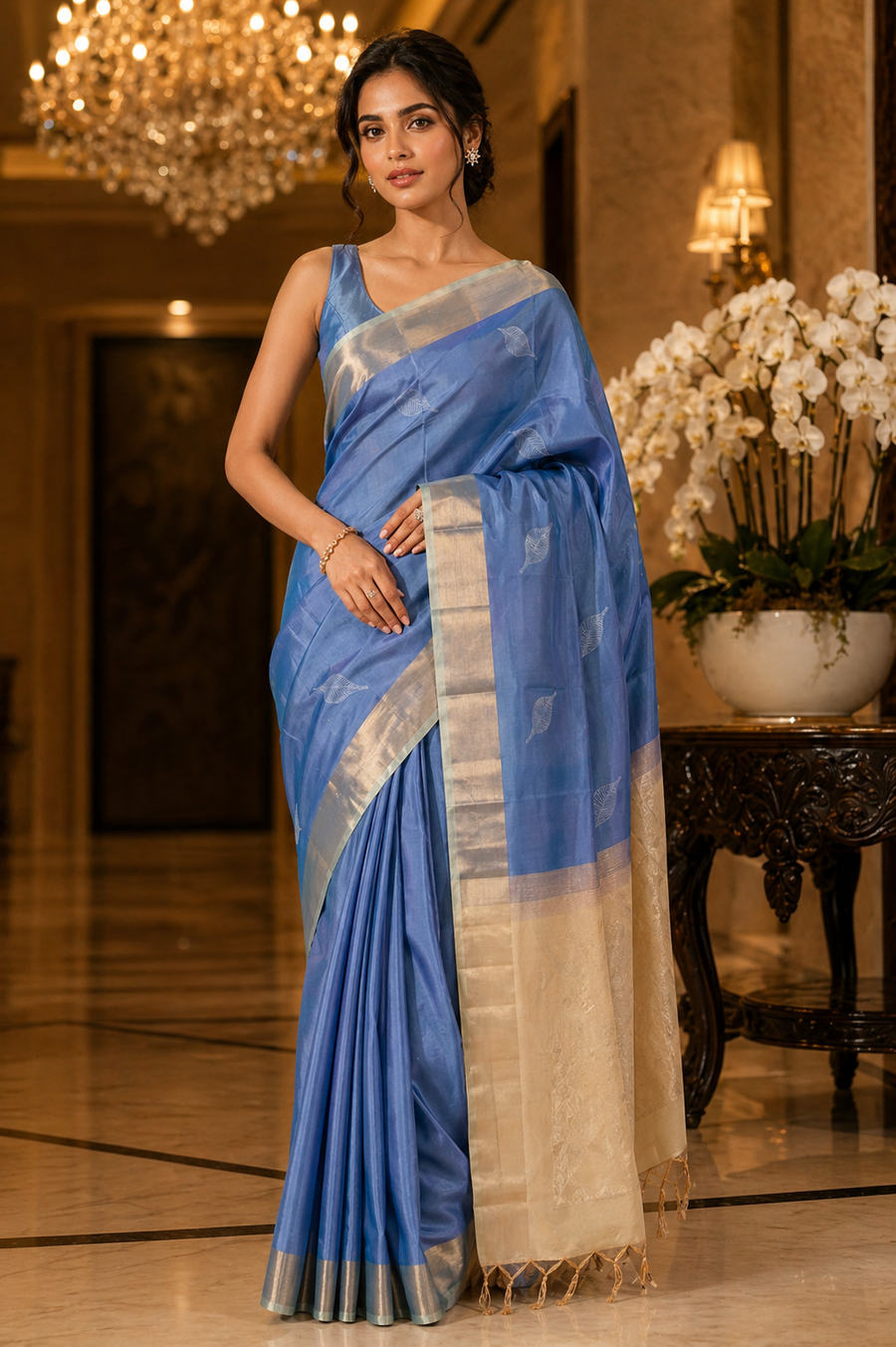 Master crafted Blue & Golden Kanchipuram Pure Silk Saree For Women (D985)