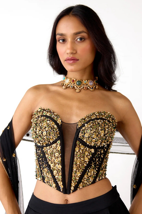 Black Viscose Lycra Net Sequins Sweetheart Neck Embellished Corset Lehenga Set (D842)