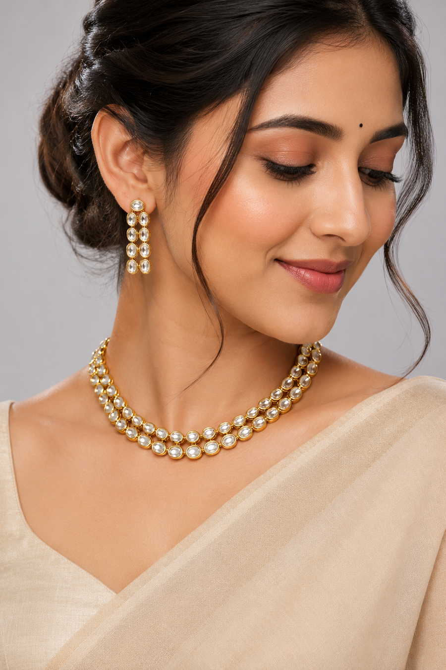 Designer Gold Plated White Royal Kundan Necklace with Earrings (D502)