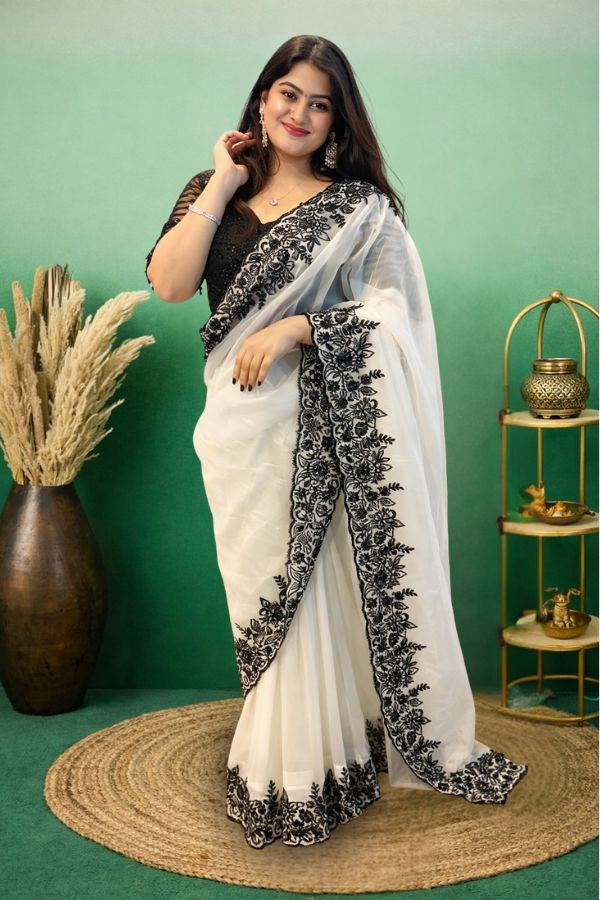 Designer Cream & Black Simmer Organza Saree Thread & Stone Work With Stitched Blouse (D936)