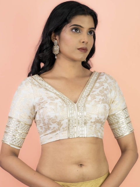 White Brocade Blend Woven Design Brocade Blouse (D2053)