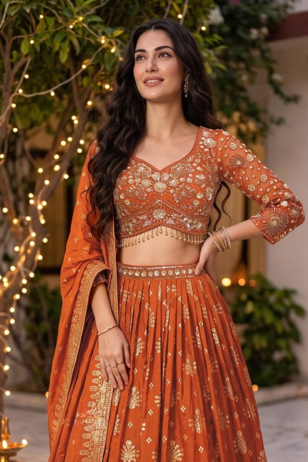 Women's Rust Orange Color Traditional Lehenga Choli With Dupatta (D1077)
