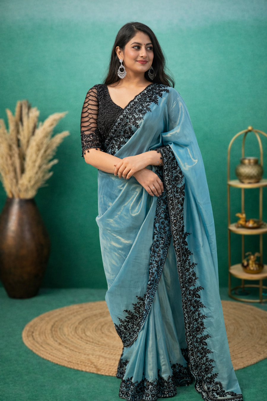 Sea Blue & Black Shimmer Organza Saree – Thread Stone Work Designer Saree with Stitched Blouse (D937)