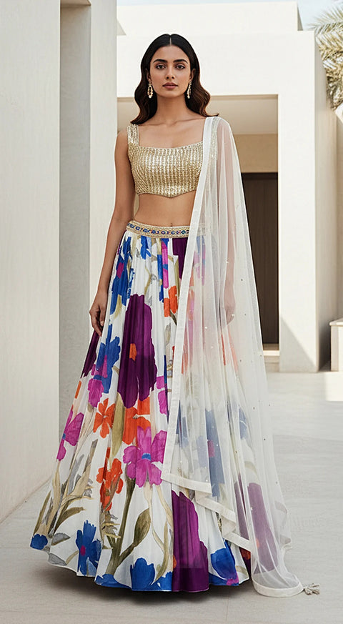 Ivory Georgette Garden Lehenga Set For Party Wear (D844)