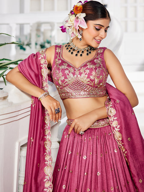 Rose Gold Chiffon Sequins Embroidery Lehenga Choli & Dupatta (D794)