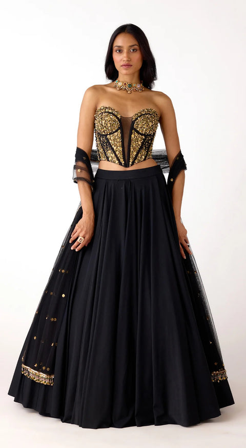 Black Viscose Lycra Net Sequins Sweetheart Neck Embellished Corset Lehenga Set (D842)