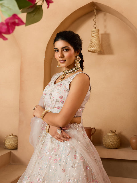 Cream Net Fabric Sequins embroidery Lehenga Blouse With Dupatta (D852)