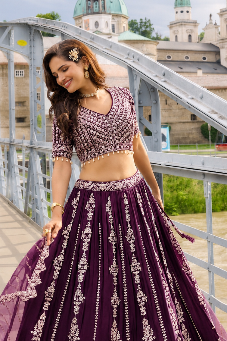 Wine Silk Fabric Sequins Embroidery Lehenga & Blouse With Dupatta (D1094)