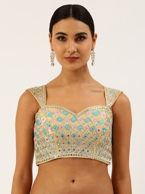 Lemon Yellow-Toned Mirror Work Pure Art Silk Readymade Blouse For Wedding & Party Wear (Design 1639)