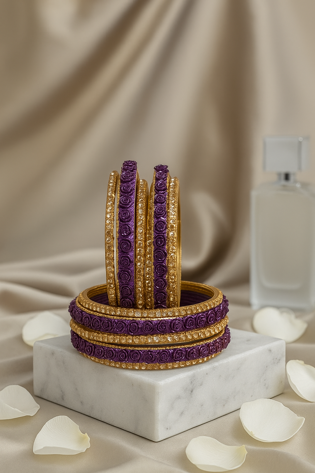 Zircon Diamond Studded Dark Purple Glass Bangle with Floral Beading– PAAIE