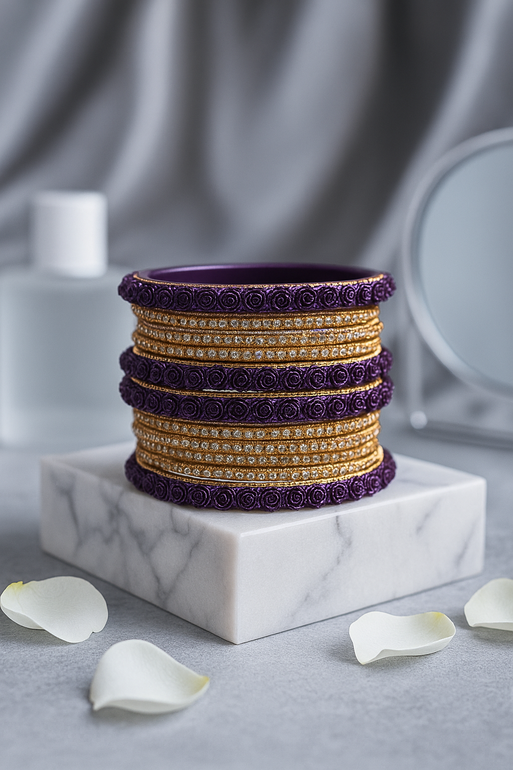Zircon Diamond Studded Dark Purple Glass Bangle with Floral Beading– PAAIE