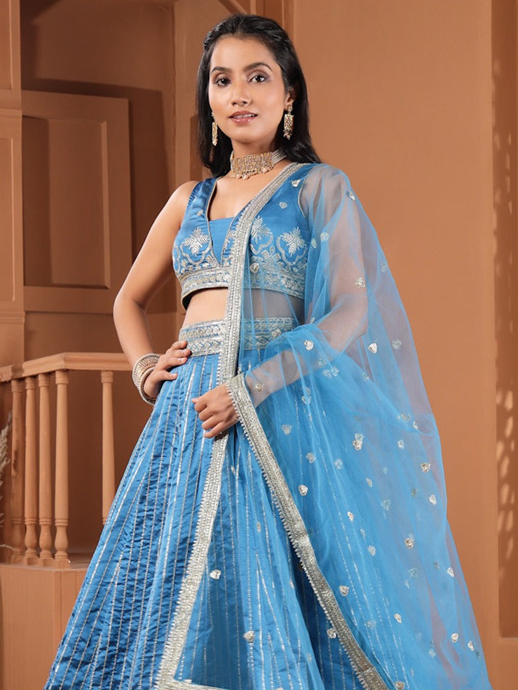 Royal Blue Tapeta Silk Lehenga Choli – Silver Zari Sequins Work Lehenga with Net Dupatta (D817)