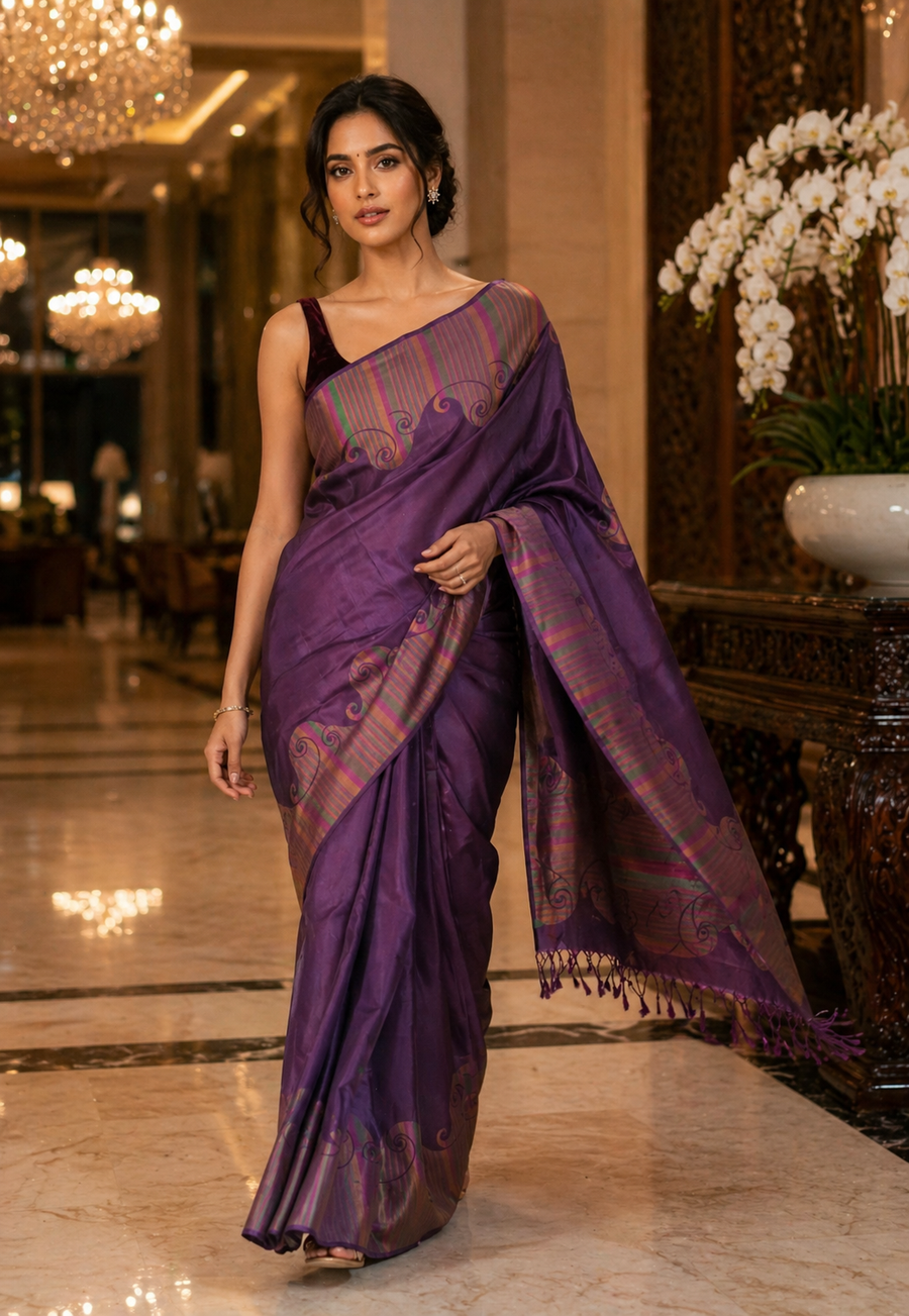 Dark Purple Kanchipuram Pure Silk Saree For Women (D983)