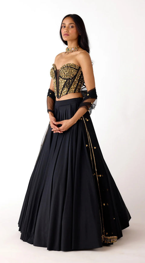 Black Viscose Lycra Net Sequins Sweetheart Neck Embellished Corset Lehenga Set (D842)