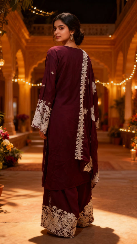 Purple Colour Georgette sequinse & Thread Work Embroidery Suit & Palazzo With Dupatta (D1870)