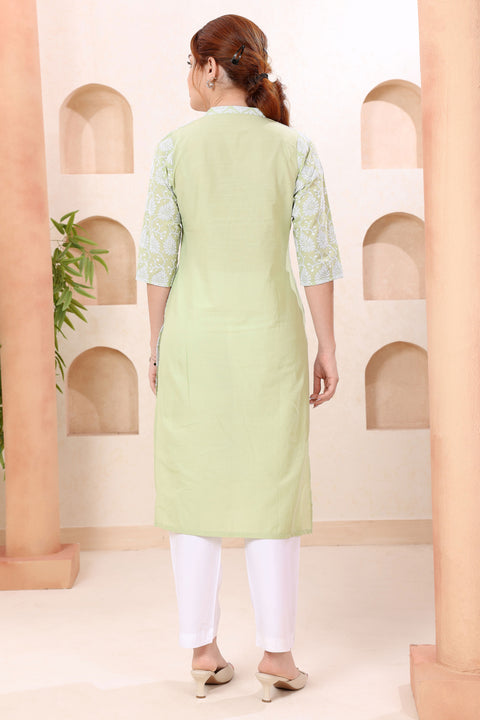 Light Pista Pure Cotton Chikankari Long Kurti for Women (D1725)