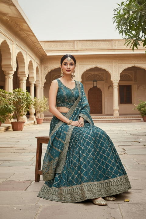 Teal Blue Fabric Tissue Silk Sequins Bead Work Embroidery Lehenga & Blouse With Dupatta (D960)