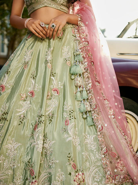 Lime green Satin Silk Sequins Embroidery Lehenga Choli & Dupatta (D807)