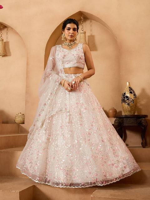 Cream Net Fabric Sequins embroidery Lehenga Blouse With Dupatta (D852)