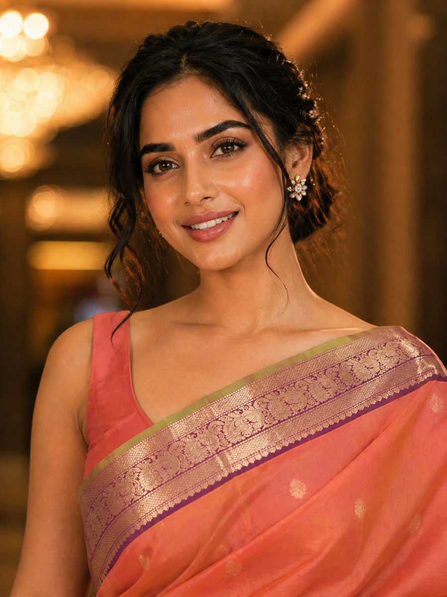 Authentic Orange & Purple Kanchipuram Pure Silk Saree For Women (D988)