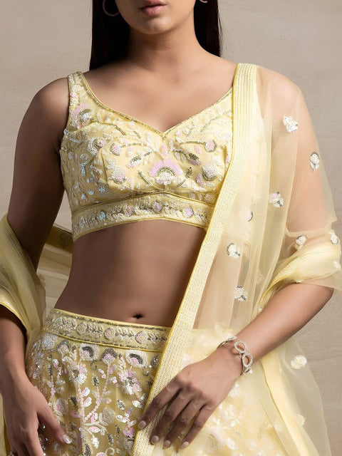 Yellow Sequins Net Engagement Wear Lehenga Choli (D1257)