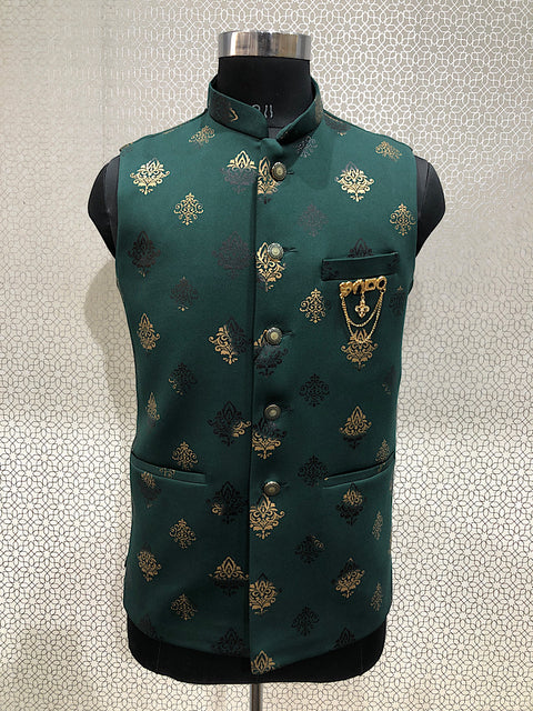 Men's Festive Nehru Jacket/Waistcoat in Bottle Green Color (D279)