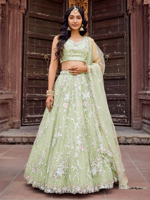 Limegreen Sequins & Thread Work Embroidery Net Lehenga For Party Wear (D836)