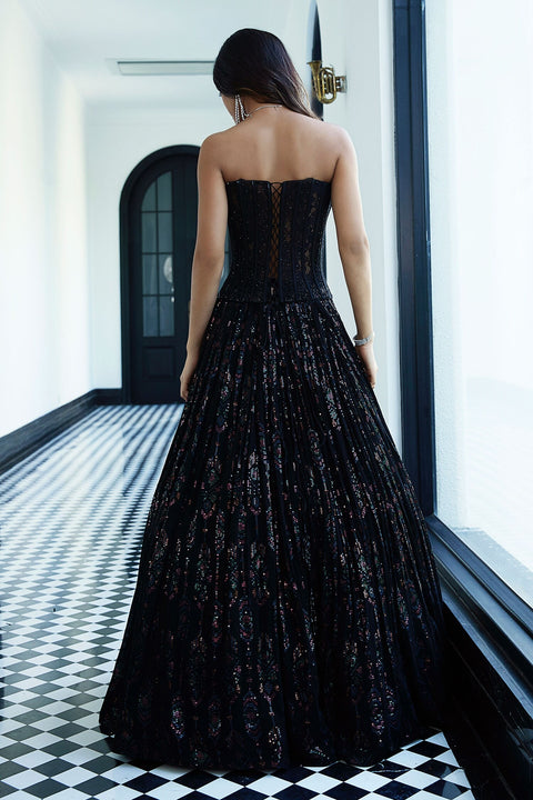 Black Chantilly Net Embroidered Lehenga Set (D843)