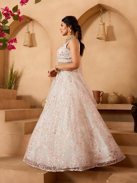 Cream Net Fabric Sequins embroidery Lehenga Blouse With Dupatta (D852)