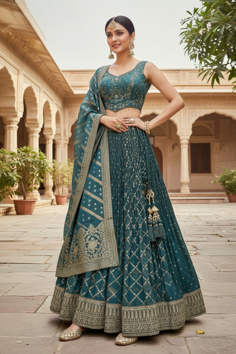 Teal Blue Fabric Tissue Silk Sequins Bead Work Embroidery Lehenga & Blouse With Dupatta (D960)