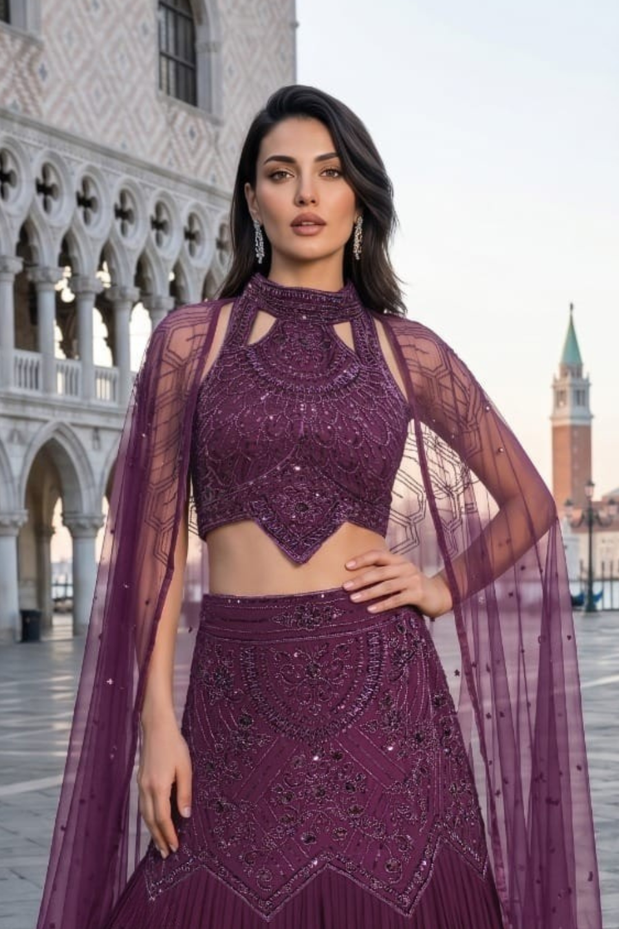 Glamorous Dark Wine Handwork Fish Cut Lehenga With Shrug Style Dupatta (D1075)