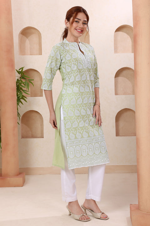 Light Pista Pure Cotton Chikankari Long Kurti for Women (D1725)