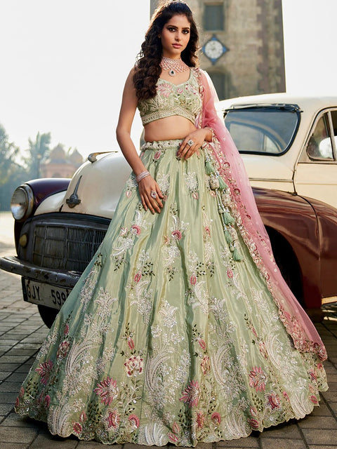 Lime green Satin Silk Sequins Embroidery Lehenga Choli & Dupatta (D807)