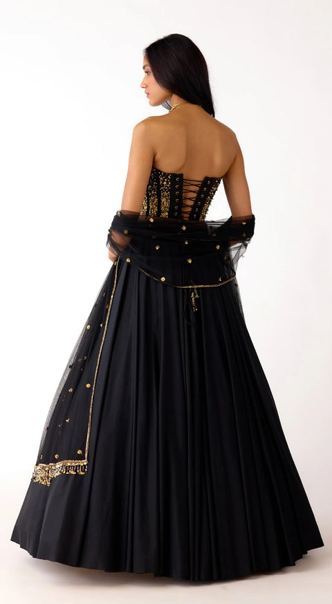 Black Viscose Lycra Net Sequins Sweetheart Neck Embellished Corset Lehenga Set (D842)